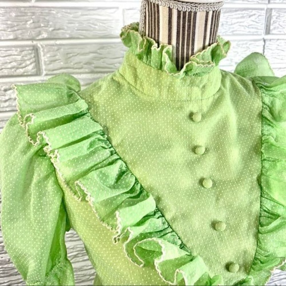 Vintage Green Polka Dot Ruffled Cottagecore Dress Size Small - Picture 6 of 9